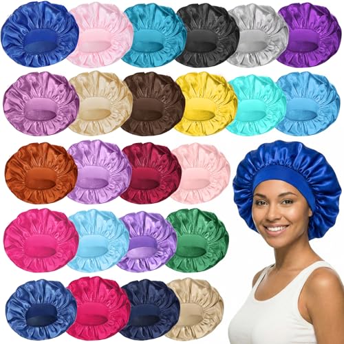 Sibba 24 Pack Satin Bonnets for Sleeping, Colors Satin Lined Silky Sleeping Bonnets Large Silk...