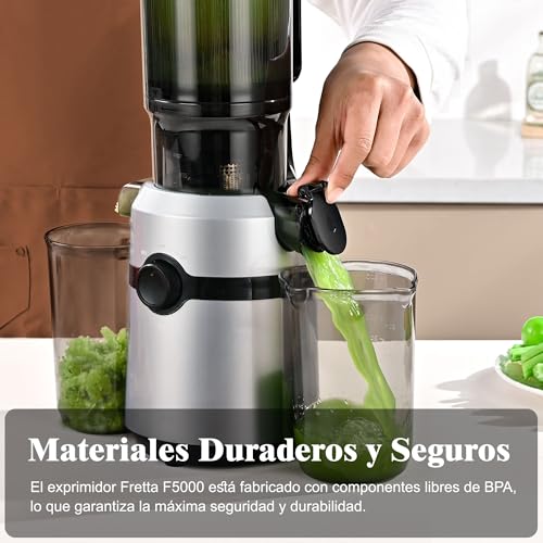 Fretta Extractor de Zumos y Verduras, Apertura de 108MM y Capacidad de 1L, Licuadora Prensado en Frio para Verduras Frutas Enteras, 200W Slow Juicer Machine, Fácil Montaje y Limpieza, Sin BPA(Plata) - imagen 3