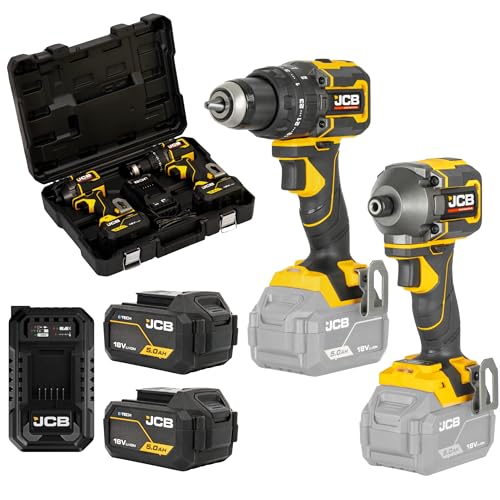Image of JCB Pro 18V Brushless Twin Pack - Combi Drill (75Nm) & Impact Driver (230Nm) - Includes 2X 5.0Ah High Capacity Batteries, 4.5A Fast Charger & Hard Case - Cordless Power Tool Set - 3 Year Warranty