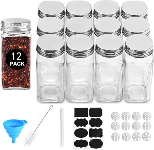 BEONE 12pcs 120ml 4oz Glass Spice Jars Bottles, Empty Square Spice Containers with Airtight Metal Caps, Shaker Lids, Silicone Collapsible Funnel, Spice Labels, Brush (12pcs/pack,120ml)