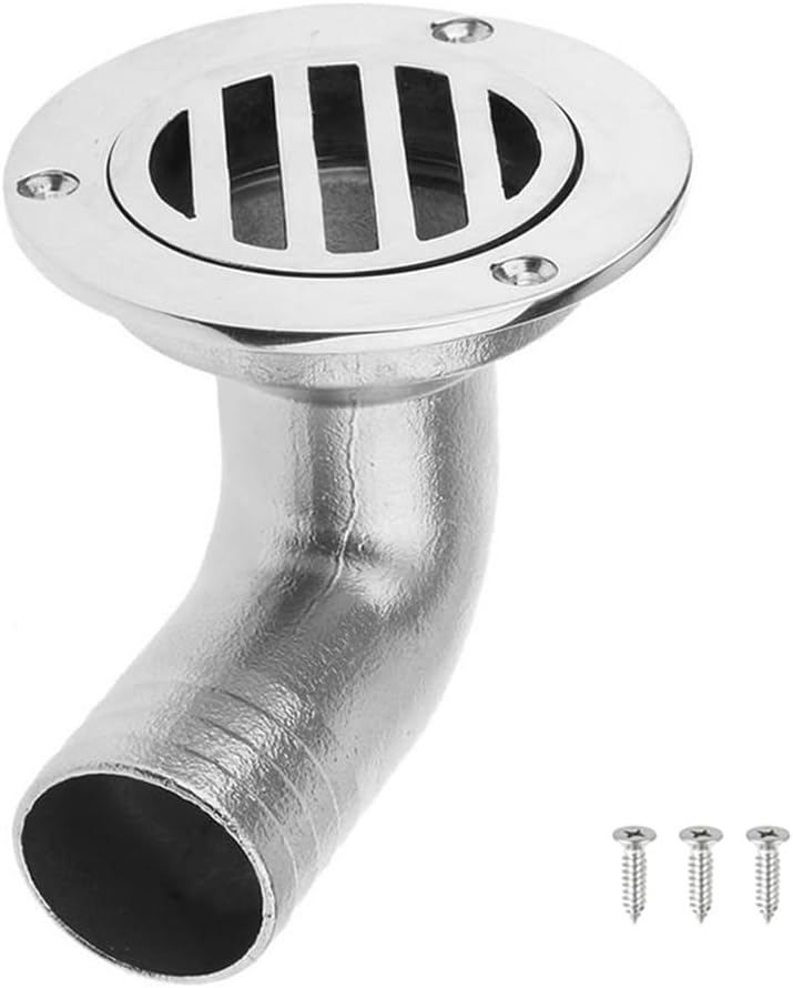1-1/2" Stainless Steel Deck Drain with Removable Strainer Cover and Mounting Screws for Boat Deck Water Drainage
