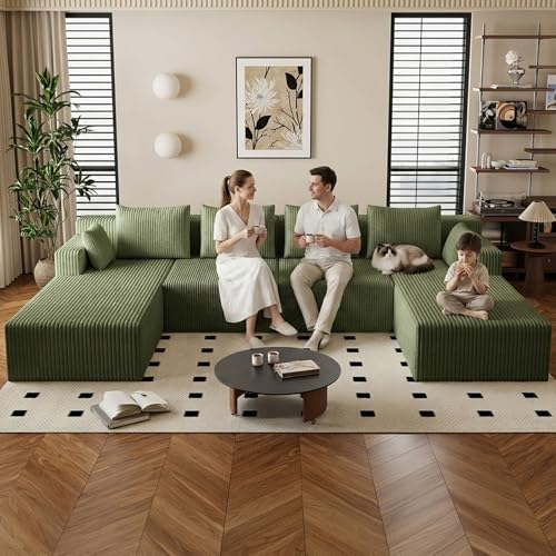 Image of 142 inch Cloud Sectional Boneless Couches for Living Room, Modular U Shaped Couch with 2 Chaise, Modern Comfy Deep Seat Corduroy Memory Foam Compressed Sofa for Apartment, Green