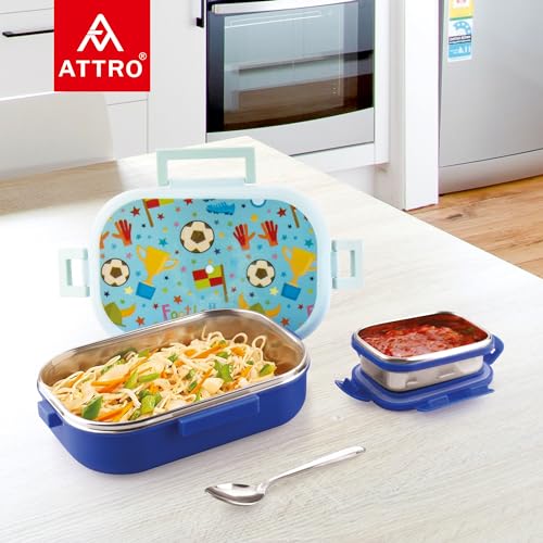 Image of Attro Food Time Deluxe Stainless Steel Lunch Box with 1 Small Container & Eyecatchy Prints Airtight & Spillproof - 750ml+250ml Football Light Blue Dark Blue