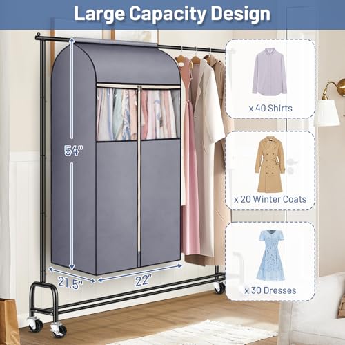 SLEEPING LAMB 54\'\' Hanging Garment Bags for Closet Storage Sealed Completely Jackets Coats Suits Clothes Rack Cover for Wardrobe with Clear PVC Window, 2 Packs, Grey(Hanging Rod Not Included) - Thumbnail 5