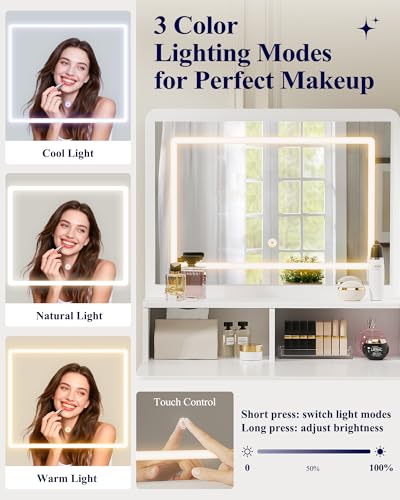 Image of Kitsure Vanity Desk with Mirror and Lights, Large Capacity, Fabric Drawers | Bedroom, Teens & Women, 3 Light Modes, 4 Fabric Drawers, 35 inchD x 17 inchW x 52 inchH, White
