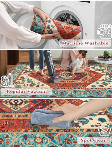 SERISSA Boho Washable Runner Rug, 2'6"x10' Rug Runner Non-Slip Vintage Orange Hallway Kitchen Runner Rug Ultra Soft Print Distressed Tribal Floor Carpet Runner for Bedroom Bathroom Laundry Room