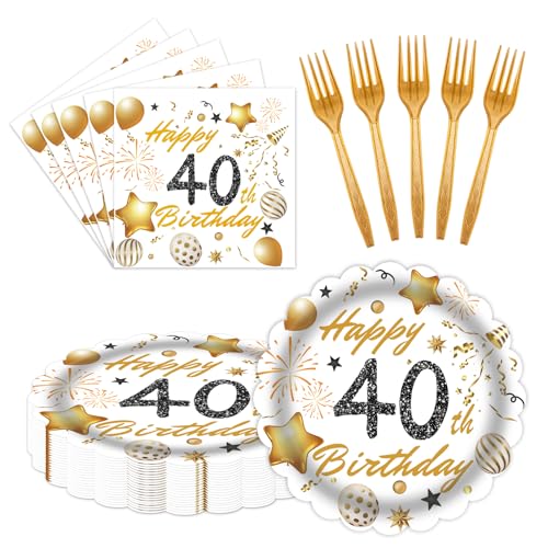 60 Pcs 40th Birthday Decorations White gold Paper Plates and Napkins Forks Party Tableware for Men Women Birthday Party Decorations Serve 20