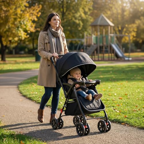 Image of Mothercare Baby Stroller Pram, 5 Point Safety Harness, Swivel Wheel, Black