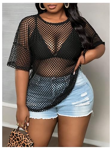 GORGLITTER Women's Plus Size Fishnet Shirt Tops Crochet See Through Short Sleeve Crew Neck Loose Y2K Fish Net Tees Top4