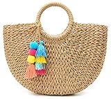 Womens Large Straw Bags Beach Tote Bag Hobo Summer Handwoven Bags Purse With Pom Poms