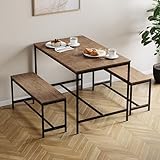 Vida Designs Roslyn 4 Seater Dining Table With 2 Benches, 3 Piece Set, Dining Room Furniture Solid Metal Frame (Dark Wood)