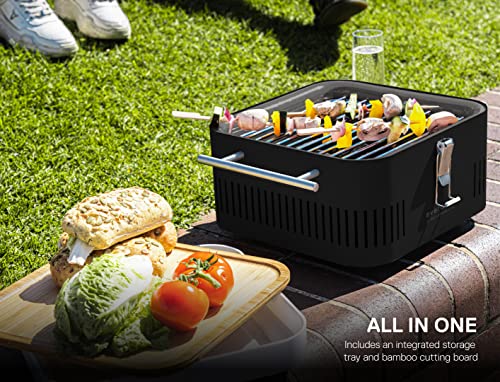 Everdure CUBE Portable Charcoal Grill, Tabletop BBQ, Perfect Tailgate, Beach, Patio, or Camping Grill, Lightweight & Compact Small Grill with Preparation Board & Food Storage Tray, Khaki