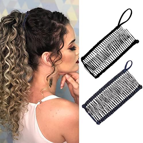 Glecurv 2pcs Banana Hair Clips Large Stretchy Banana Clip for Curly Wavy Thick Hair No Crease Adjust Clincher Comb Ponytail Hair Grip for Women Hair Styling Accessories (30Teeth,Black+Glitter Blue)