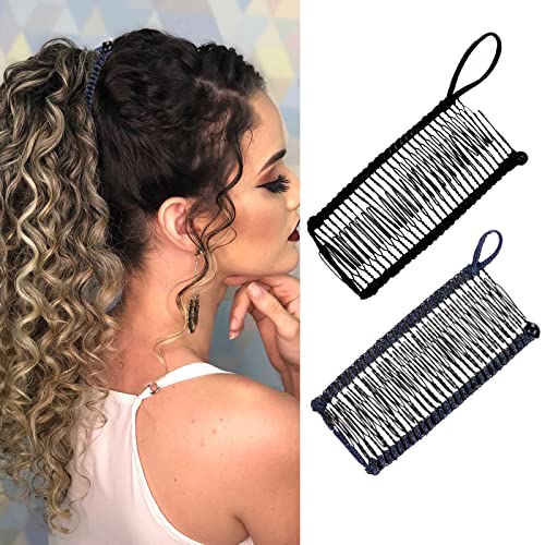 Glecurv 2Pcs Banana Hair Clips Large Stretchy Banana Clip For Curly Wavy Thick Hair No Crease Adjust Clincher Comb Ponytail Hair Grip For Women Hair Styling Accessories (30Teeth,Black+Glitter Blue) #TOP25