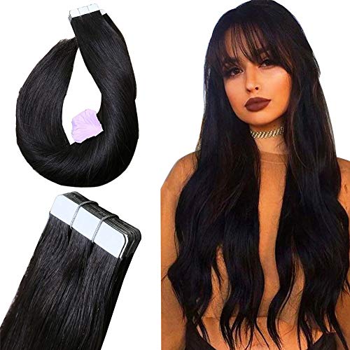 Tape in Hair Extensions Human Hair Extensions Adhesive Hair Extensions Natural Hair Extensions Black Real Remy Tape in Hair Extensions Seamless Skin Weft for Women 16 Inch(#1B Natural Black)50g