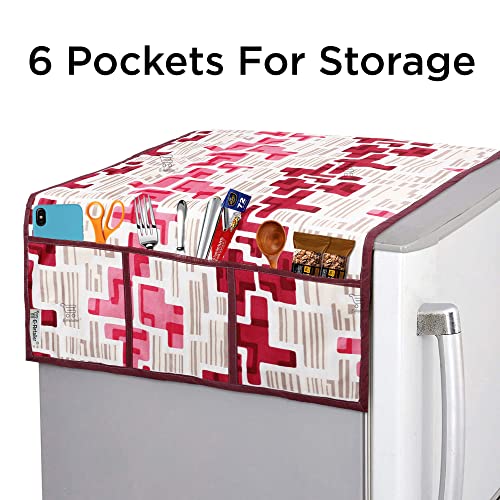 Image of Polyester 3-Layered Fridge Top Cover /Refrigerator Cover with Utility Pockets and Set of 6 Pc Fridge Mats (Color- Red, Size-39x21 Inch)