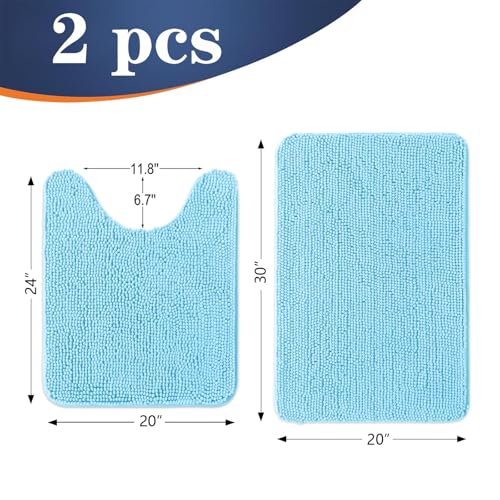 Image of OLANLY Bathroom Rugs Sets 2 Piece, Soft Absorbent Chenille Bath Mats and U-Shaped Contour Toilet Mat Area Rug Set, Machine Washable Bath Carpet, Home Decor Accessories(30 inchx20 inch+24 inchx20 inch, Sky Blue)