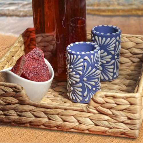 Image of Talavera Shot Glasses Set of 4 Authentic Mexican Tequila Shot Glasses - Hand-painted - 2 Oz (White Brushstroke Blue Background)