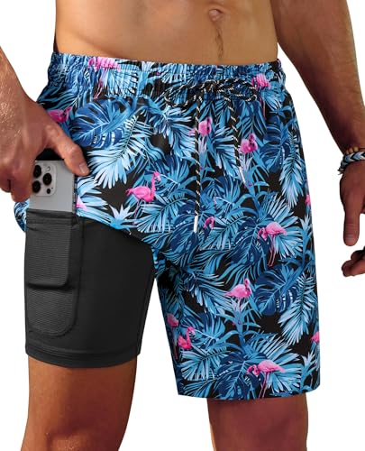 Image of Gleeease 7inch Mens Swim Trunks 2 in 1 with Compression Liner Pockets Drawstring Quick Dry Stretch Lined Funny Beach Pool