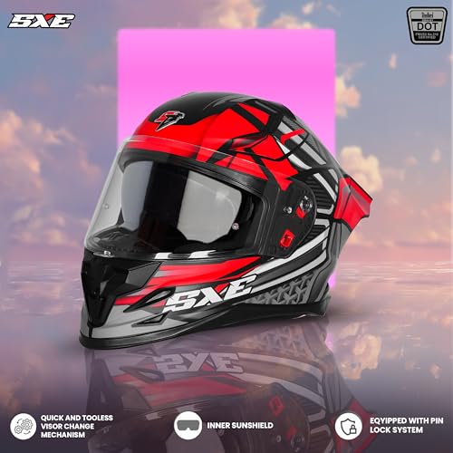 Image of Steelbird SBH-61 SXE X4 TPE ISI and Dot Certified Full Face Graphic Helmet for Men and Women with Inner Silver Sunshield (580 Medium MM, Glossy Black Red)
