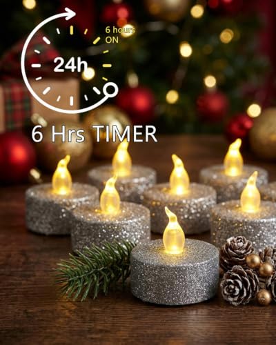 Image of 12Pcs Sliver Glitter Tea Light Candles Battery Operated with Timer