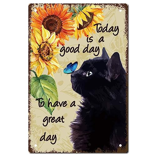 CREATCABIN Cat Tin Sign Sunflower Vintage Metal Wall Art Decor Retro Painting Poster Plaque Hanging Iron Sign Mural for Home Kitchen Bar Room Cafe Halloween Christmas Decorations Gift 12 x 8 Inch