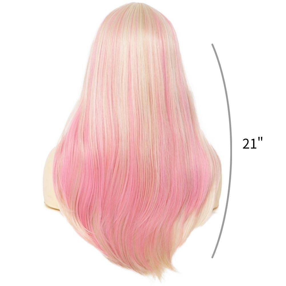 Blonde and Pink Straight Long Wigs for Women Middle Part Heat Resistant Fiber Hair Wig for Cosplay Halloween Use - Image 4