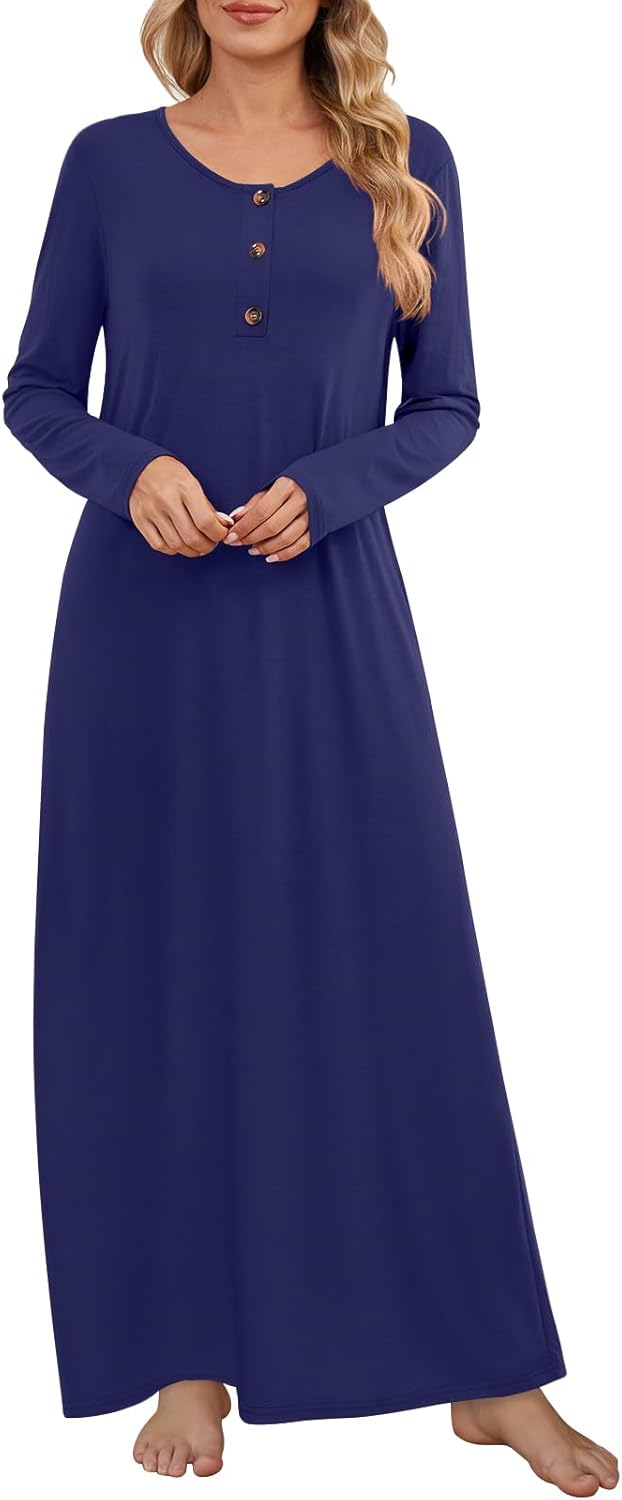 DouBCQ Nightgowns for Women Long Sleeve Button House Dress Soft Full Length Sleepwear with Pockets - Image 2