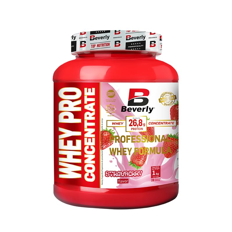 Beverly Whey Pro - Concentrado de proteína de suero whey - 1 Kg - 28 g de proteína por ración - 29 servicios - Tonifica y aumenta la masa muscular - Mayor rendimiento deportivo (1 Kg, Fresa)