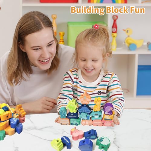Image of 34 PCS Lacing Beads for Toddlers,Made of Natural Wood,Threading Toy That Can Improve Kid's Concentration, as The Preschool Fine Motor Skills Toys for 3 4 5 Year Old (Transport-34Pack)