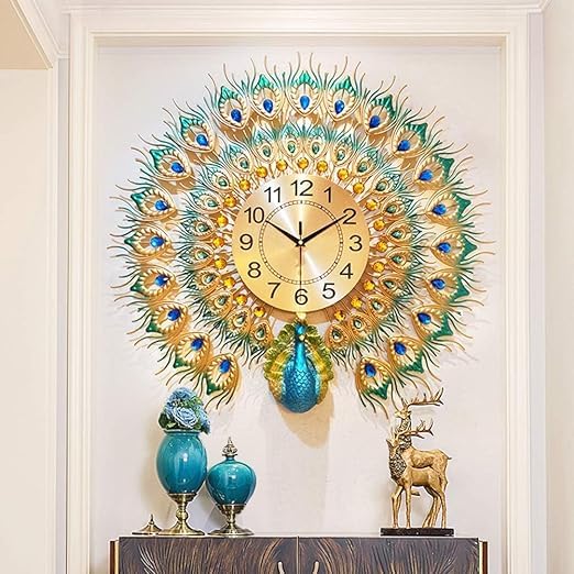 R RUNILEX Large Wall Clock for Living Room Decor,Mid Century Decorative Non-Ticking Silent Luxury Peacock Clock for Dining Room Bedroom (Pickock Clock)