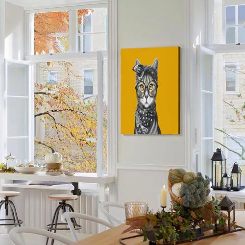 Cuadros en lienzo de gato con diadema retro JRISEMECY, póster moderno de 70x100cm amarillo sin marco 4