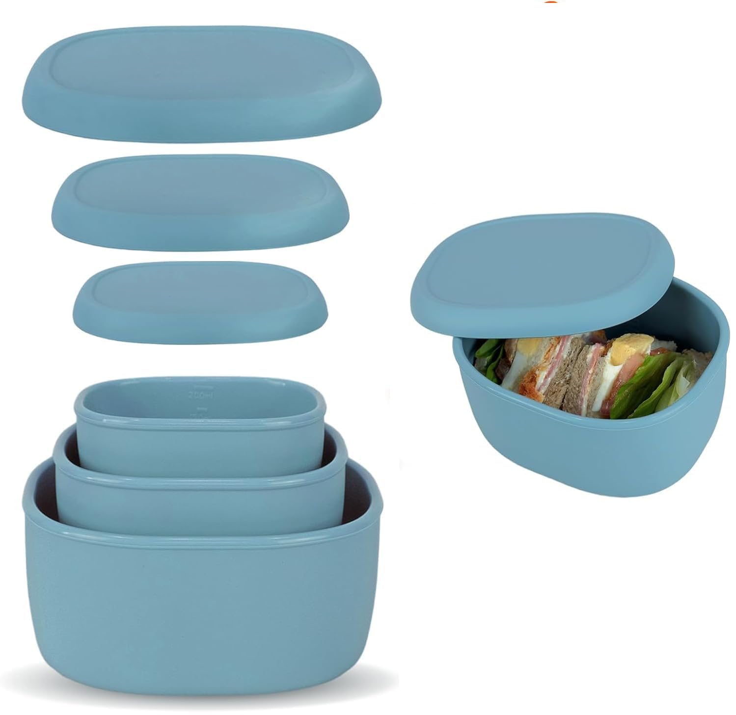 Silicone Food Storage Containers Set of 3, Lunch Box Bento with Lids, BPA Free Dishwasher Microwave Oven Freezer Safe (200ml, 300ml, 600ml) (Blue)