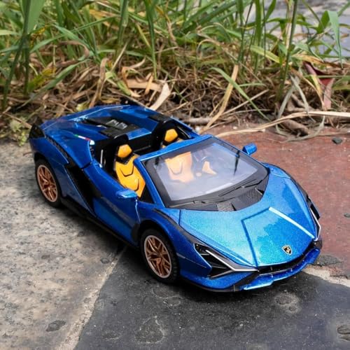 Image of 1:32 Open Lamborghini Sian Sport Diecast Metal Pullback Toy car with 6 Openable Doors & Light, Music Boys Gifts Toys for Kids (1:32 Open Lamborghini - Blue)