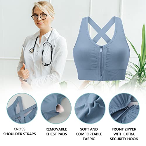 Evercute Zip Front Post-Surgery Bra Women's Wireless Sports Bras Padded Strappy Medium Support Yoga Exercise Athletic Bras