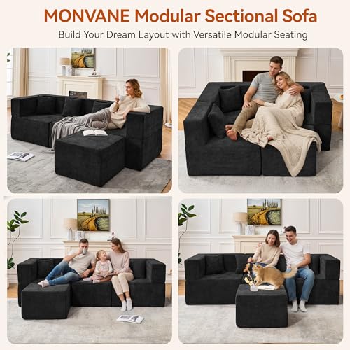 Image of MONVANE 103'' Modular Sectional Sofa, Comfy Chenille Cloud Couch with Ottoman, Modern Convertible L Shaped Couch with Deep Seat, Sectional Couches for Living Room, Bedroom and Apartment, Black