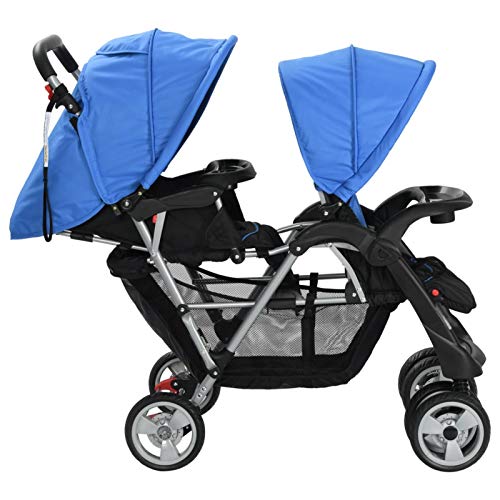 Geschwisterwagen, ZEYUAN Zwillingskinderwagen, Geschwisterbuggy, Double Stroller, Doppelkinderwagen, Stahl Blau und Schwarz