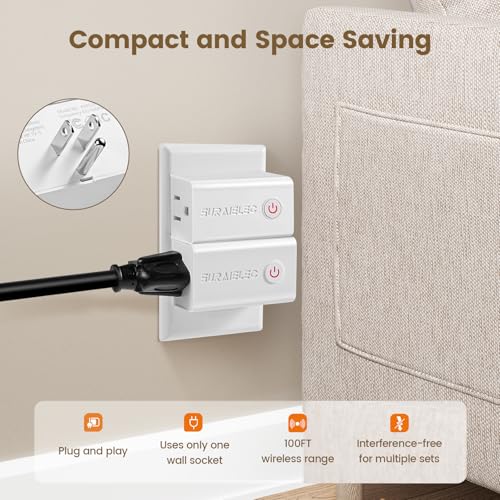 SURAIELEC Remote Control Outlet, Wireless Remote Light Switch, 100 FT, 15A/1875W, No Interference, Expandable Indoor Compact Side Outlet Plug for Lamps, Fans, Christmas Trees, Small Appliances