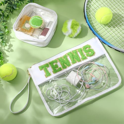 3 Pcs Tennis Gifts Makeup Cosmetic Bag with Chenille Letter Patch Clear Toiletry Pouch Waterproof PVC Organizer Purse with Fluffy Tennis Ball Keychain Accessories for Women(Green)4