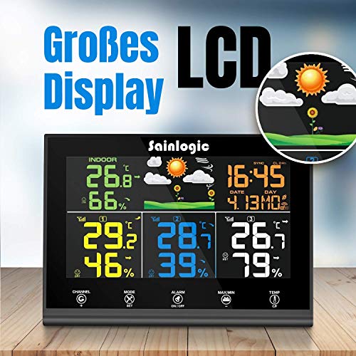 Sainlogic wireless weather station with 3 outdoor sensors, weather forecast, color display, radio thermometer hy-grometer with outdoor sensor, Black - Thumbnail 4