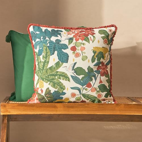 Image of Chumbak Wild Bloom Cushion Cover 20 inch Green Cotton Decorative Pillow Case for Sofa Couch Bed and Living Room Home Decor Handcrafted Design Lost in Paradise Collection