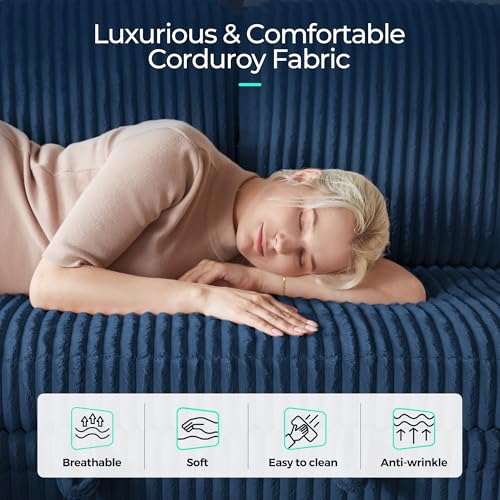 Image of LINSY HOME Sleeper Sofa Bed with Pull Out Couch Modular Sectional Sofa (Blue, Sleeper Sofa 2) | Pull Out Sofa Bed, USB Charging, Cup Holders, Plush Corduroy, Storage