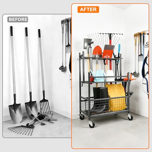 MHHO-WG Gartengeräte Organizer mit Feststellrollen,Schwerlast Metall Gartengeräteständer,16 Fächer+19 Haken für langgestielte Geräte/Staubsauger/Rasenrechen,ideal für Garage, Schuppen & Außenbereich