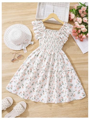Floerns Girl's Floral Ruffle Sleeveless Smocked Dress Birthday A Line Dresses with Sun Hat2