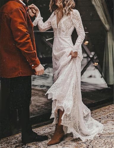 V Neck Court Train Long Sleeve Wedding Dresses A-Line Boho Open Back Bridal Gown Reception Dresses Appliques 20242