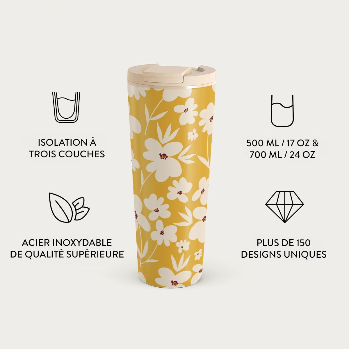 BURGA Gobelet de Voyage 700 ml – Gobelet Isotherme en Acier Inoxydable, garde les boissons chaudes 6 h et froides 24 h, couvercle rabattable étanche, compatible porte-gobelets