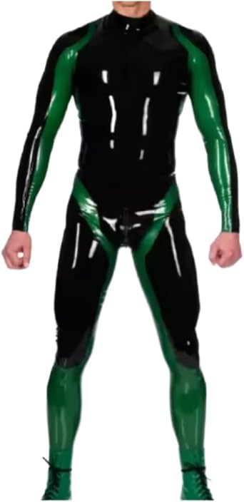 100% Latex Gummi Rubber Black and Green Catsuit Sport Bodysuit Cosplay Jumpsuit