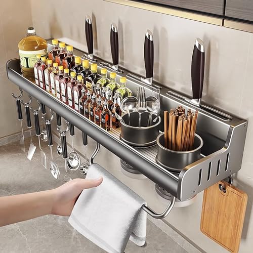 Edumov Estantería para especias, pared sin taladrar, estante para especias colgante con soporte para utensilios de cocina y ganchos, organizador de cocina, estante para especias, puerta de armario,