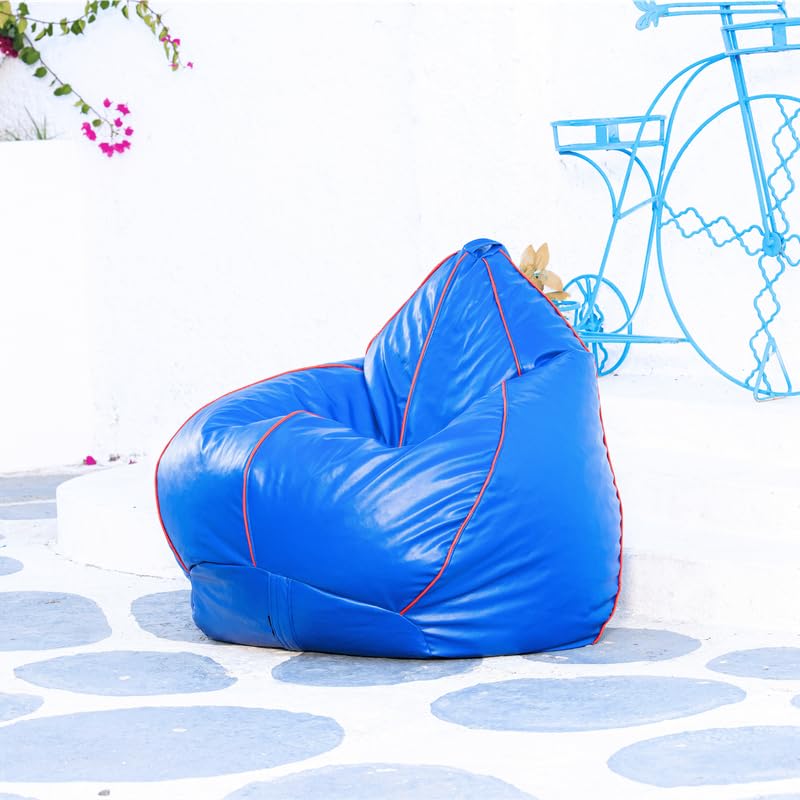 Image of King Comfort 3XL Faux Leather Pipping Bean Bag Cover with Foot Rest Without Beans with 1 Year Warranty | Lounge Chair Cover for Home, Office, Bedroom, Hall (Tear Drop Shape with Pipping) (Blue)