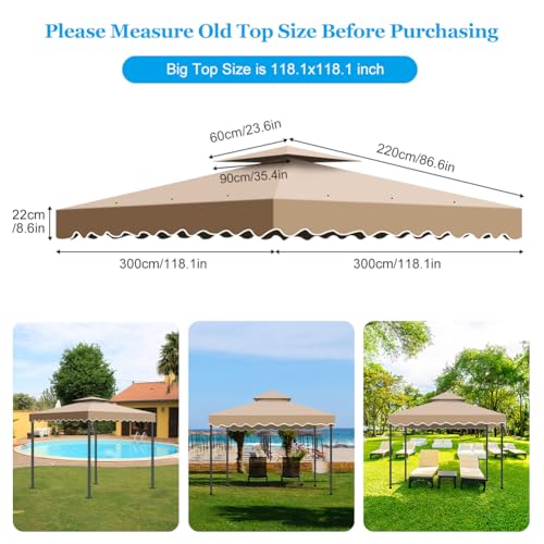10x10 Canopy Replacement Top, Double Tiered Gazebo Cover with Air Vent Heavy Duty, Waterproof Gazebo Roof with Upgraded 300D Polyester for Outdoor Patio Garden Canopy (Khaki, Wavy Edge) - Thumbnail 2